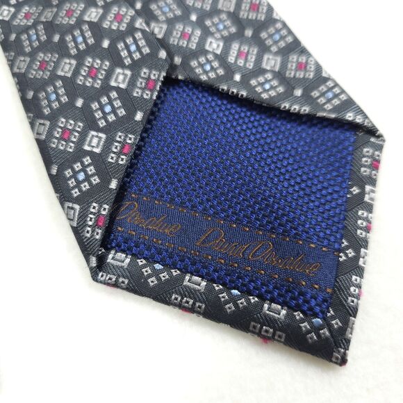 David Donahue Gray Foulard Squares 100% Silk Neck Tie Designer Classic - Picture 5 of 8